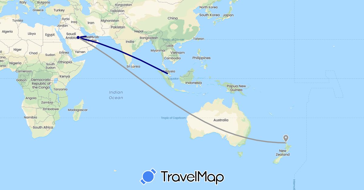 TravelMap itinerary: driving, plane in United Arab Emirates, Malaysia, New Zealand, Qatar, Saudi Arabia (Asia, Oceania)